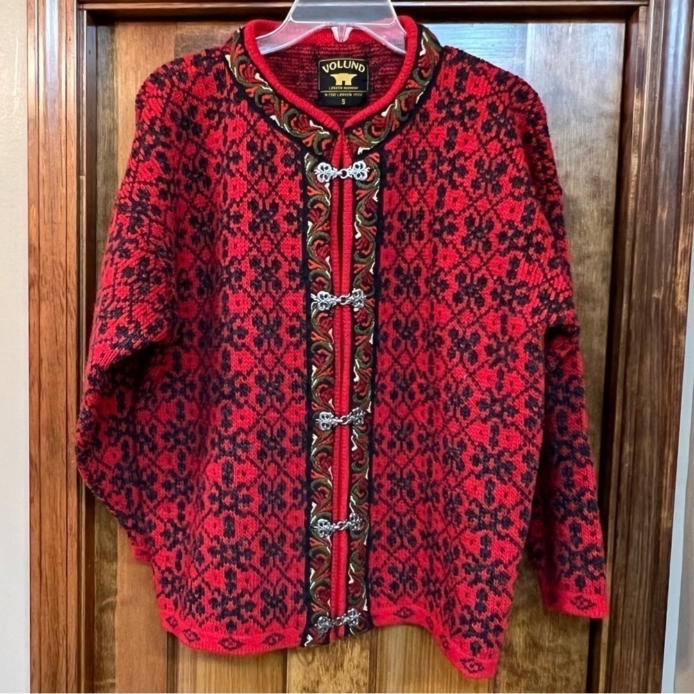 Lambswool Sweater Volund Norwegian Cardigan Vtg Sz S Red Blk Euc Sale 1/2 Off